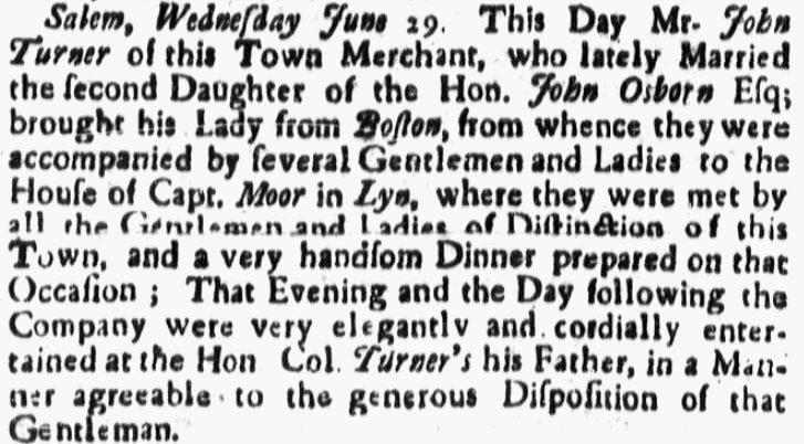 An article about the Turner-Osborne wedding, Boston Gazette newspaper article 3 July 1738