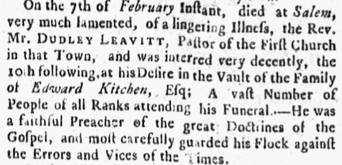 An obituary for Dudley Leavitt, Boston Post-Boy newspaper article 22 February 1762
