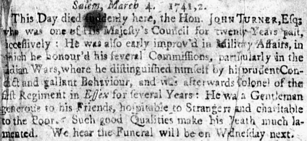 An obituary for John Turner, Boston Post-Boy newspaper article 8 March 1742