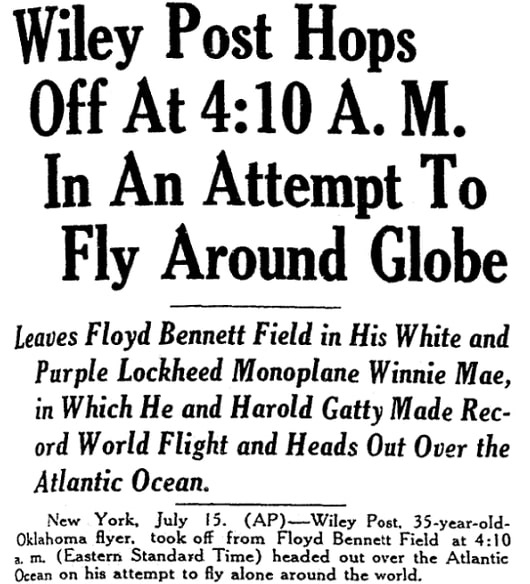 An article about Wiley Post, Daily Advocate newspaper article 15 July 1933