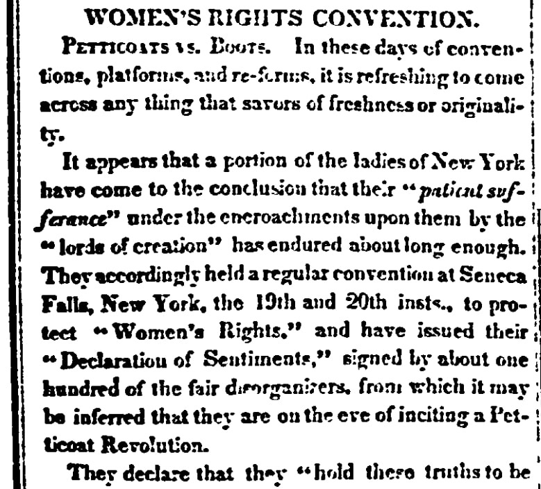 An article about the Seneca Falls Convention on women's rights, Daily Commercial Register newspaper article 29 July 1848