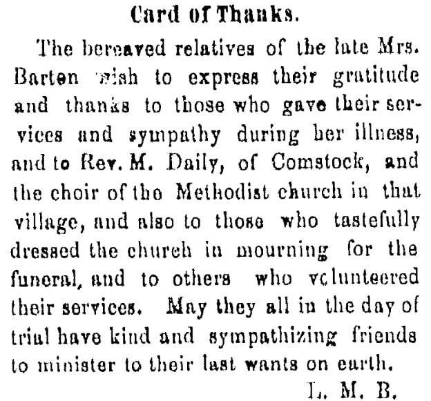 A "Card of Thanks," Kalamazoo Gazette newspaper article 5 February 1879