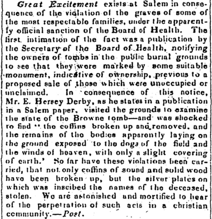 An article about tombs in Salem, Massachusetts, Maine Democrat newspaper article 23 September 1835