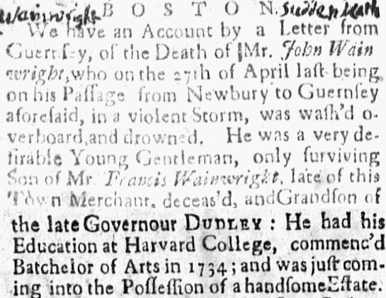 An article about John Wainwright, New-England Weekly Journal newspaper article 31 August 1736
