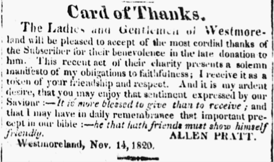 A "Card of Thanks," New Hampshire Sentinel newspaper article 18 November 1820