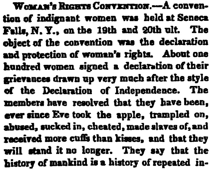 An article about the Seneca Falls Convention on women's rights, New London Democrat newspaper article 5 August 1848