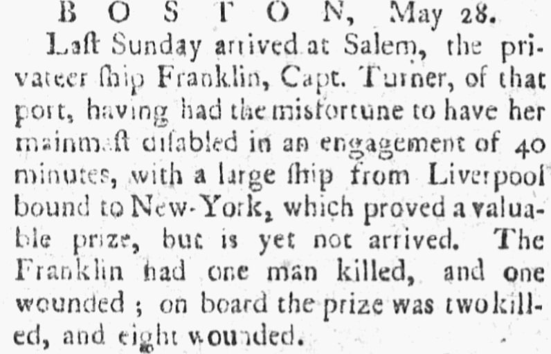 An article about John Turner, Newport Mercury newspaper article 2 June 1781