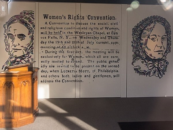 Photo: text of the small ad that attracted a wide and diverse meeting of women and men at the first Women's Rights Convention, held in Seneca Falls, New York, during July 1848. Credit: Marc Nozell; Wikimedia Commons.