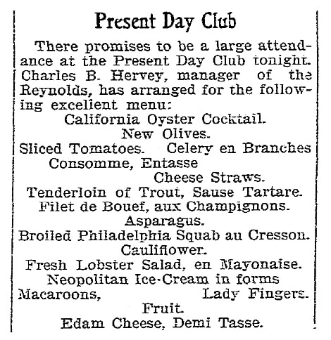 A banquet menu, Riverside Daily Press newspaper article 24 October 1902