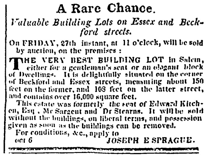 An article about a building lot for sale, Salem Observer newspaper article 20 October 1849