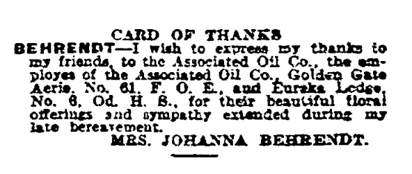 A "Card of Thanks," San Francisco Chronicle newspaper article 27 September 1925