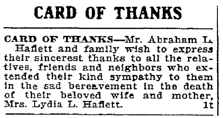 A "Card of Thanks," Trenton Evening Times newspaper article 21 March 1915