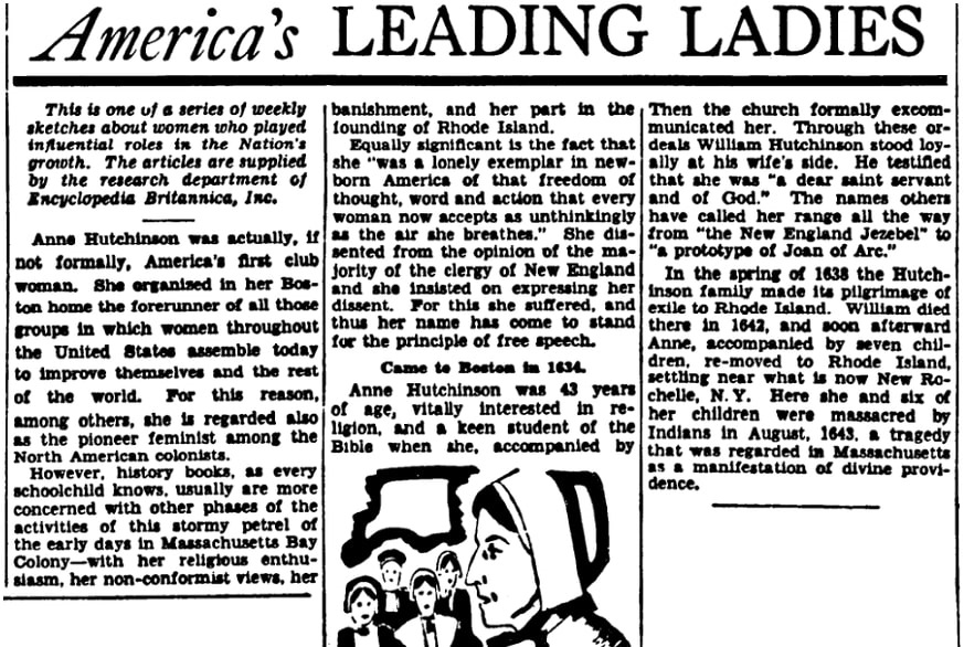 An article about Anne Hutchinson, Evening Star newspaper article 8 February 1942