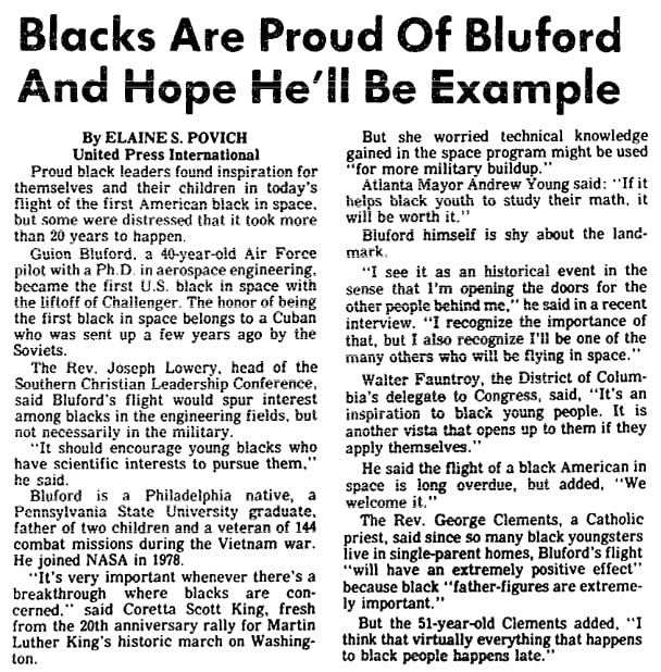 An article about Dr. Guion Stewart Bluford Jr., Marietta Journal newspaper article 31 August 1983