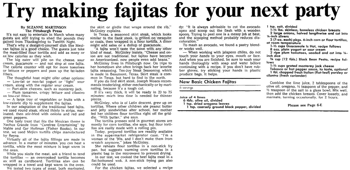 An article about fajitas, Mobile Register newspaper article 26 March 1992