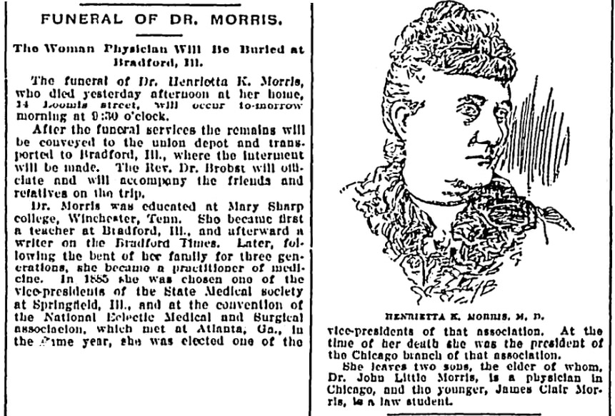 An article about Dr. Henrietta K. Morris, Chicago Daily News newspaper article 10 February 1896