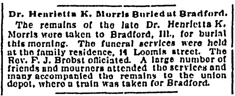 An article about Dr. Henrietta K. Morris, Chicago Daily News newspaper article 11 February 1896