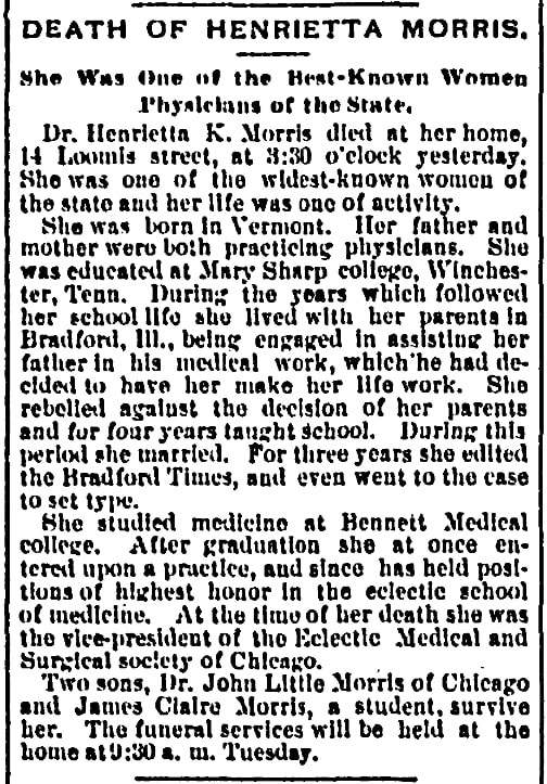 An article about Henrietta Morris, Chicago Record newspaper article 10 February 1896