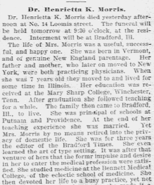 An article about Dr. Henrietta K. Morris, Daily Inter Ocean newspaper article 10 February 1896