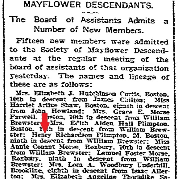 An article about Mayflower descendants, Boston Herald newspaper article 9 March 1899