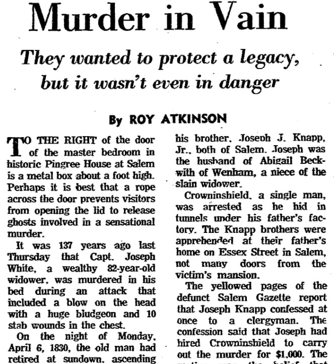 An article about the murder of Capt. Joseph White, Boston Herald newspaper article 9 April 1967