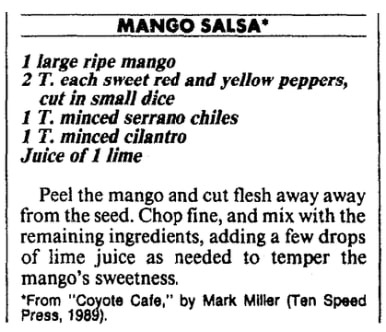 A mango salsa recipe, Boston Herald newspaper article 8 July 1990