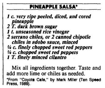 A pineapple salsa recipe, Boston Herald newspaper article 8 July 1990