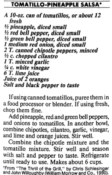 A tomatillo-pineapple salsa recipe, Boston Herald newspaper article 8 July 1990