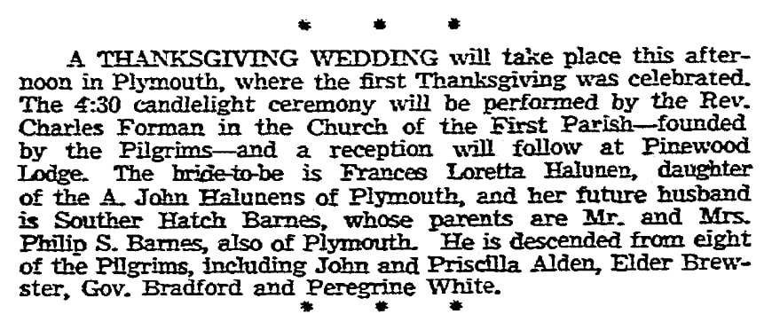 Halunen-Barnes wedding announcement, Boston Herald newspaper article 25 November 1954