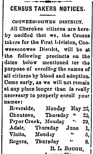 An article about a Cherokee census, Cherokee Advocate newspaper article 27 May 1893