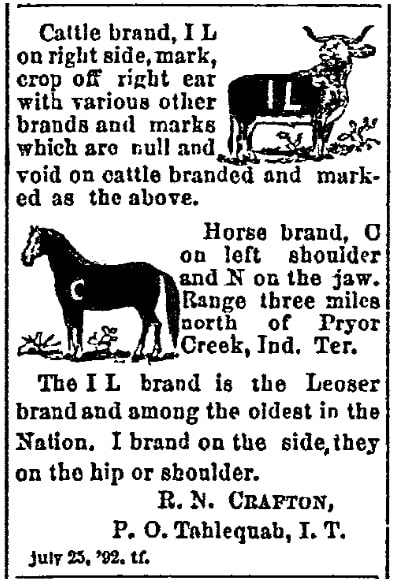 An article about livestock brands, Cherokee Advocate newspaper article 27 May 1893