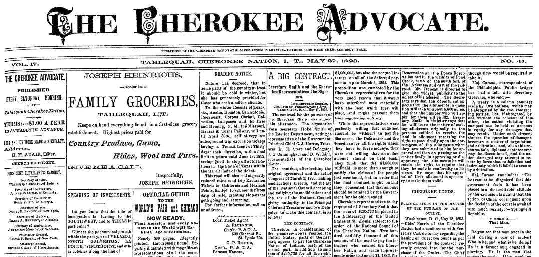 Cherokee Advocate (Tahlequah, Oklahoma), 27 May 1893, page 1