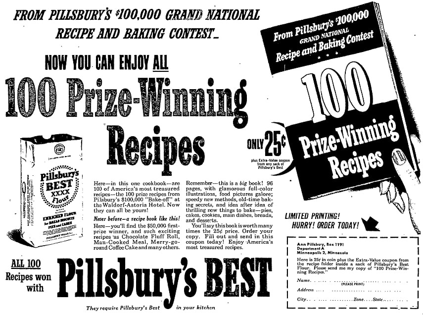 An ad for a Pillsbury cookbook, Chicago Daily News newspaper article 17 June 1950