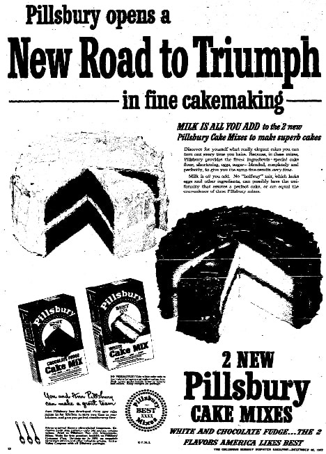 An ad for Pillsbury cake mixes, Columbus Dispatch newspaper article 18 December 1949