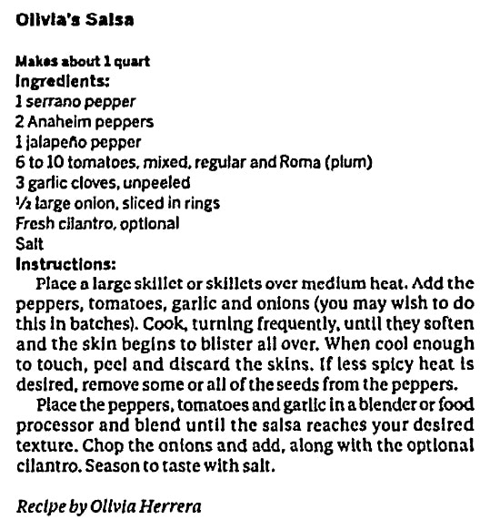 Olivia's salsa recipe, Huntsville Times newspaper article 23 August 2017