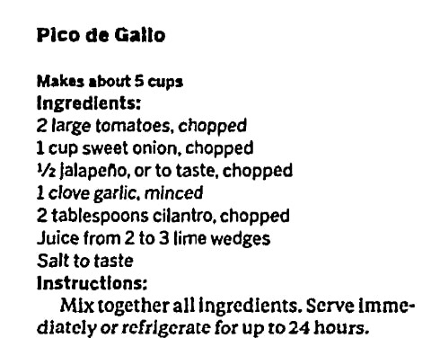 A pico de gallo recipe, Huntsville Times newspaper article 23 August 2017