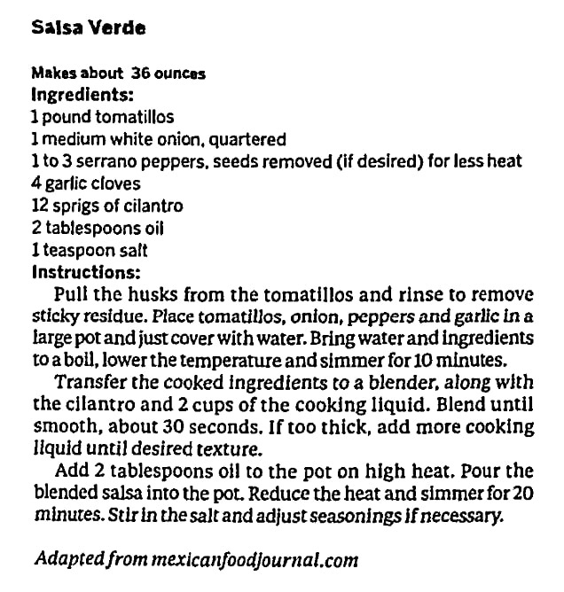 A salsa verde recipe, Huntsville Times newspaper article 23 August 2017