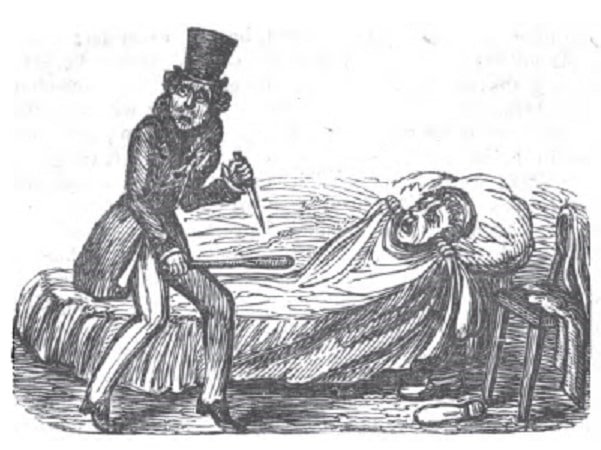 Illustration: image of the murder of Captain Joseph White from "Trials of Capt. Joseph J. Knapp, Jr. and George Crowninshield, Esq. for the murder of Capt. Joseph White of Salem, on the night of the sixth of April 1830." Charles Elms, 1830, page 20.