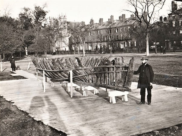 Photo: a close-up of the “SparrowHawk” on exhibit, Boston Common, 1865. Courtesy of Pilgrim Hall Museum, Plymouth, Massachusetts.