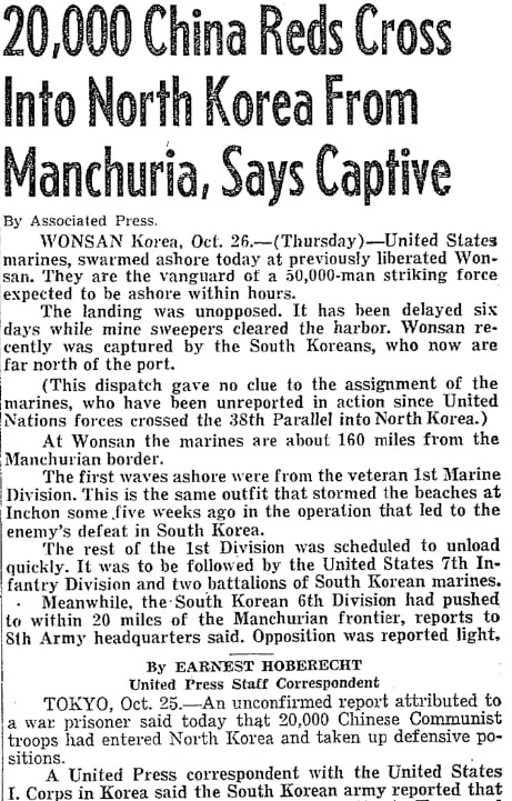 An article about the Korean War, Seattle Daily Times newspaper article 25 October 1950