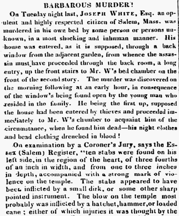 An article about the murder of Capt. Joseph White, Weekly Eastern Argus newspaper article 13 April 1830