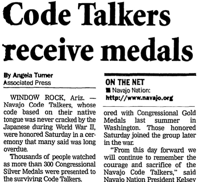 An article about the Navajo Code Talkers in WWII, Abilene Reporter-News newspaper article 25 November 2001