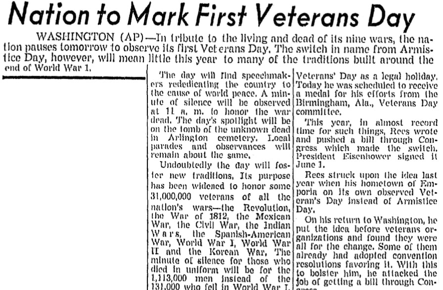 An article about Veterans Day, Boston American newspaper article 10 November 1954