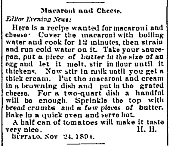 A recipe for macaroni and cheese, Buffalo News newspaper article 26 November 1894