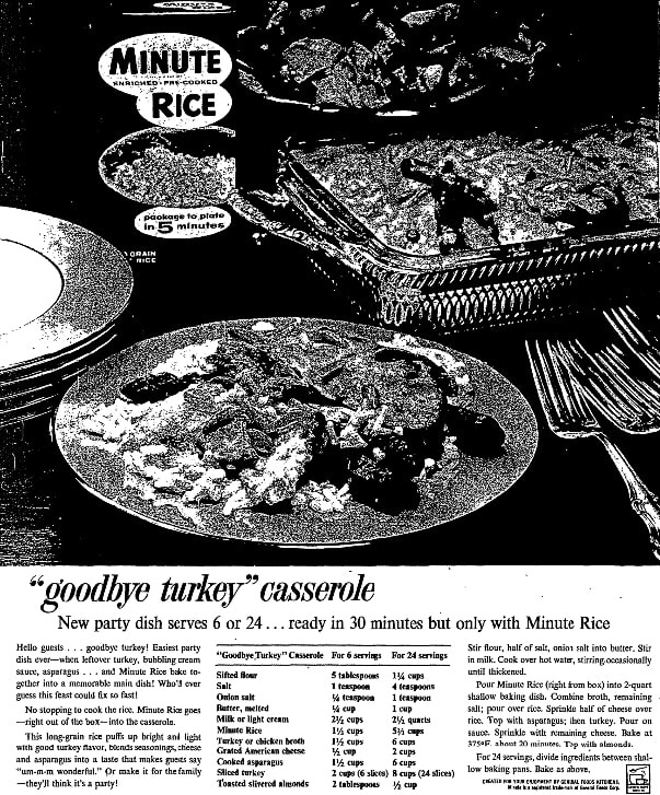 An ad for rice with a turkey recipe, Chicago Daily News newspaper article 3 December 1960