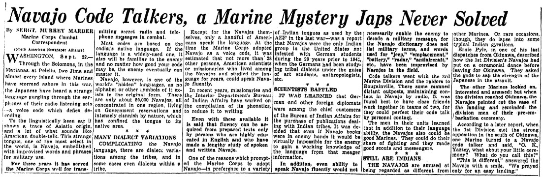 An article about the Navajo Code Talkers in WWII, Detroit News newspaper article 23 September 1945