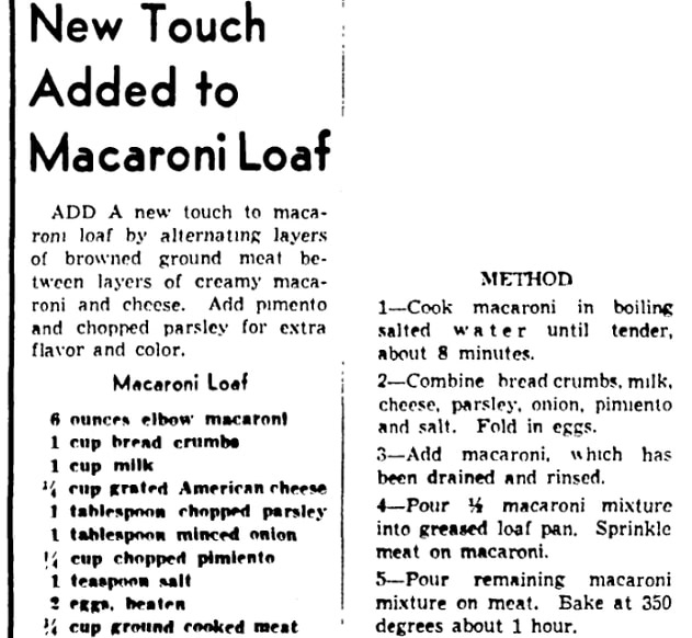 A recipe for macaroni and cheese, Detroit Times newspaper article 4 January 1950