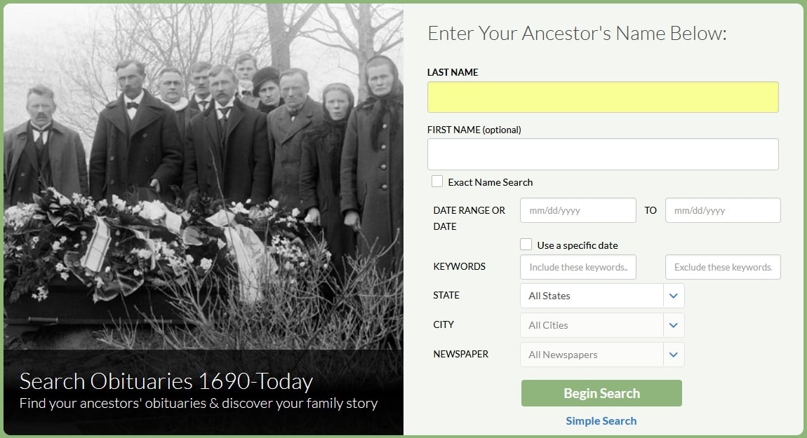 GenealogyBank’s obituary search page
