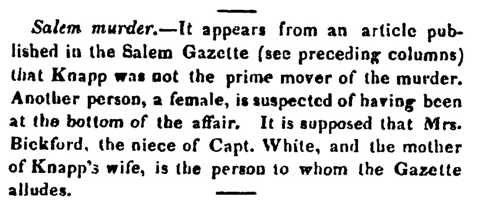 An article about the murder of Capt. Joseph White, Hampshire Gazette newspaper article 29 December 1830