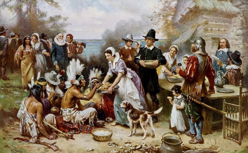 Illustration: “The First Thanksgiving, 1621,” by Jean Leon Gerome Ferris, c. 1913